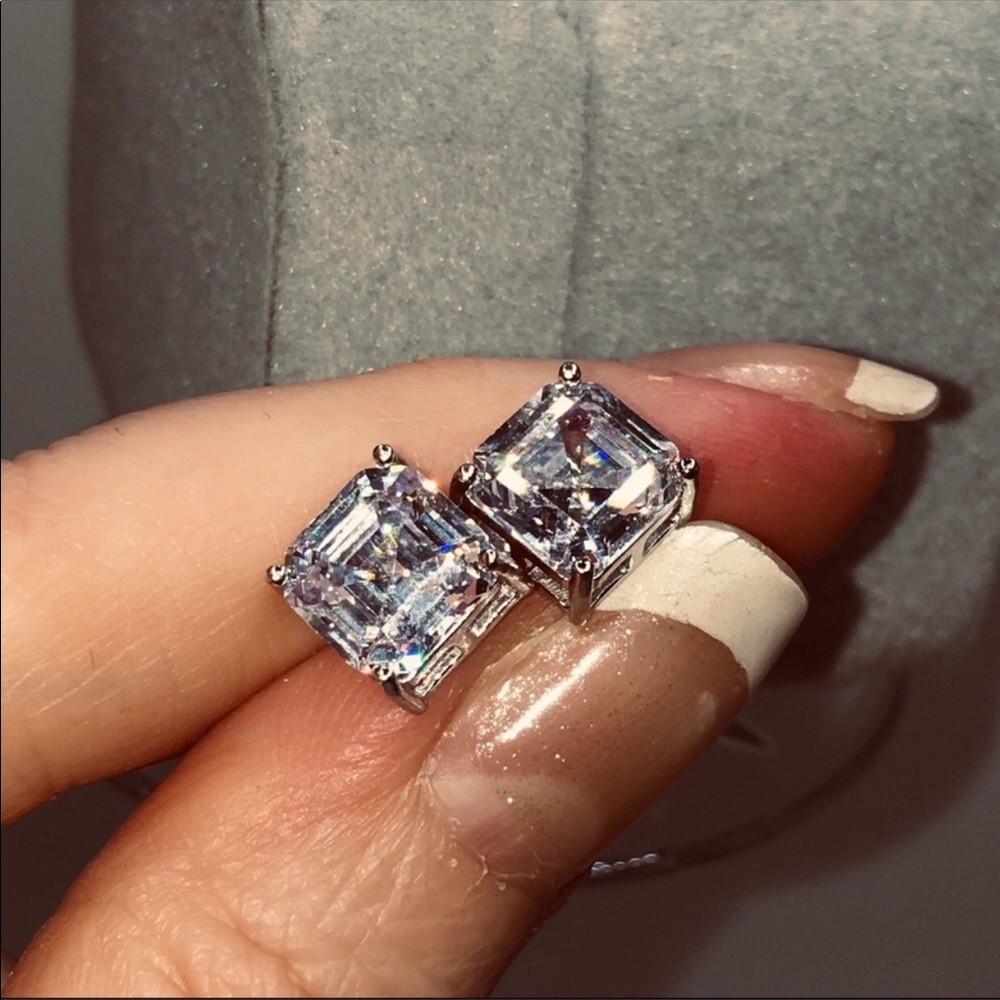 14k white gold asscher diamond 4 ct stud earrings - Picture 7 of 8